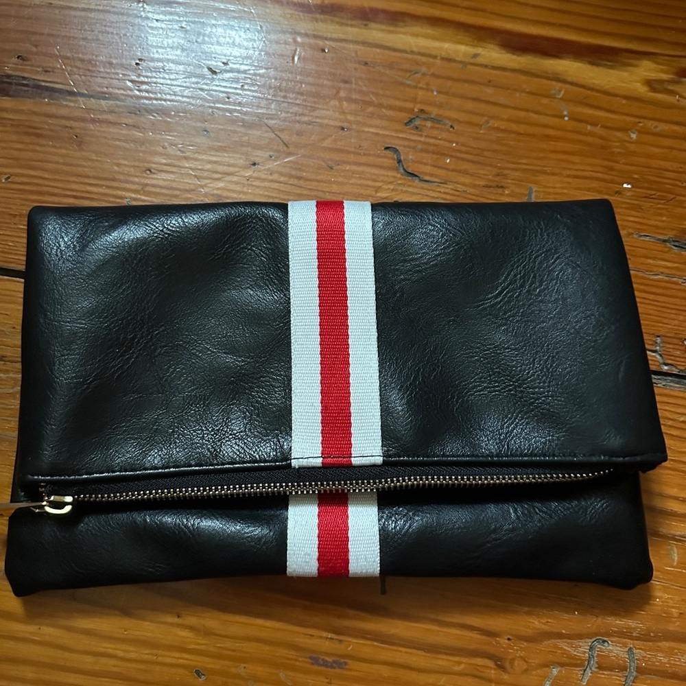 Black Leather Clutch with Red Stripe